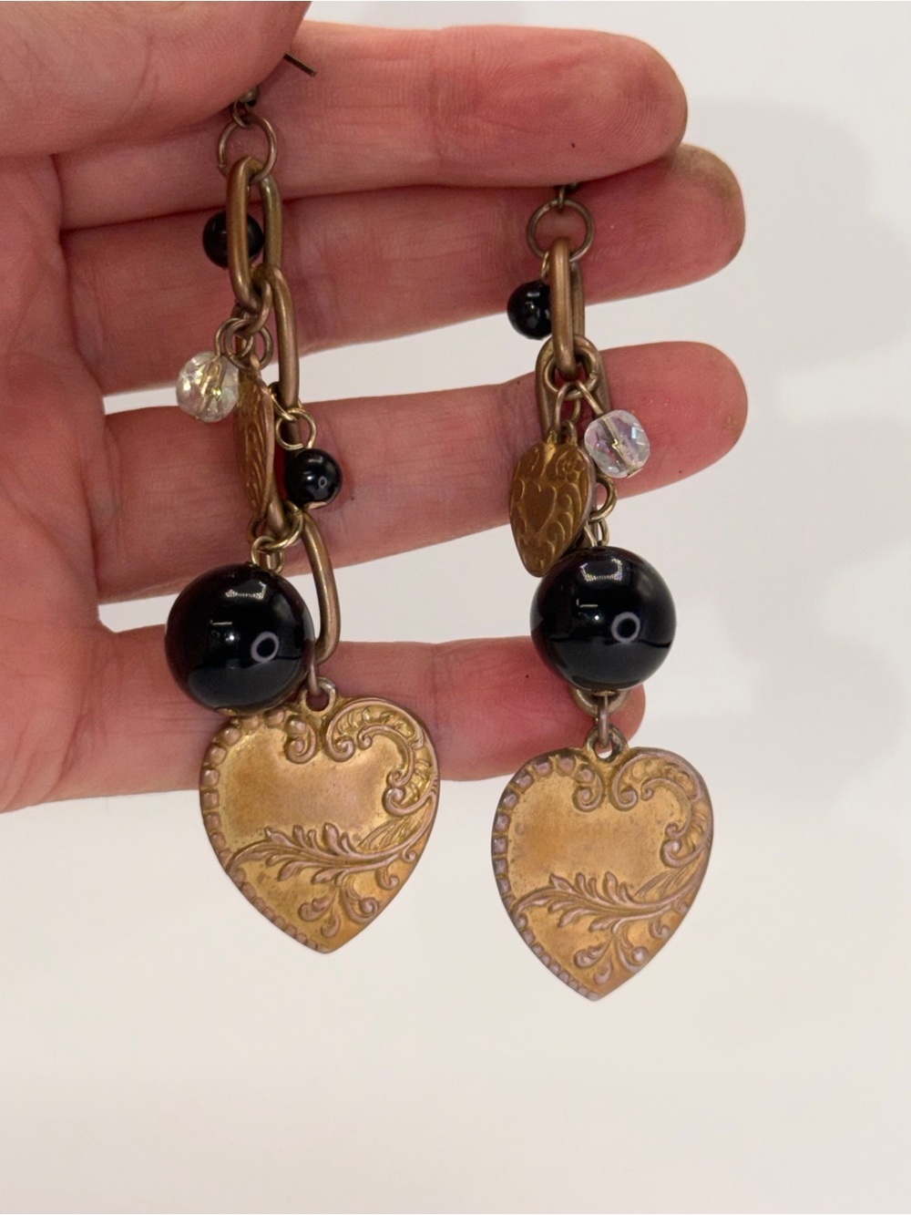 Vintage-Inspired Black Bead and Gold Heart Drop Earrings